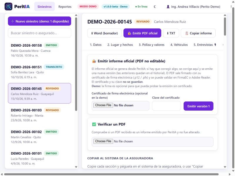 Emisión del informe oficial en PDF con firma electrónica