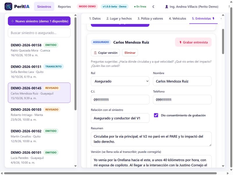 Pantalla de entrevistas de Peritovia con la versión transcrita del asegurado